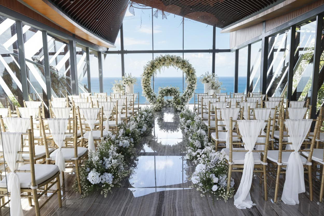 Ceremony set for guests inside the glass chapel