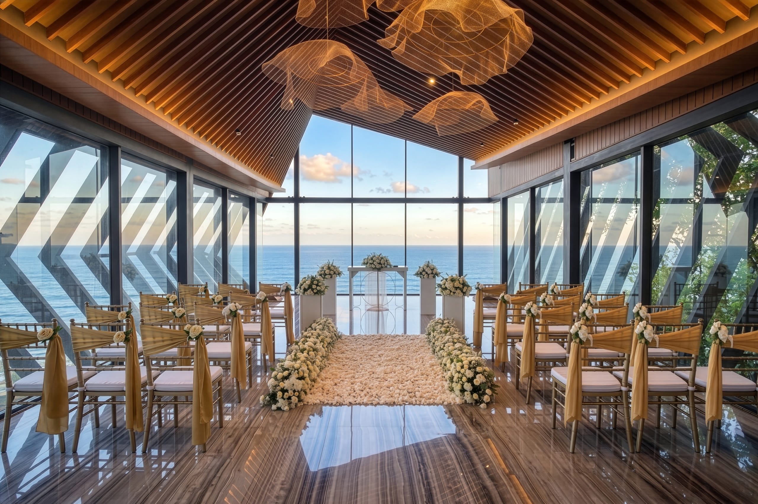 Sunset ceremony with white blooms and the open ocean