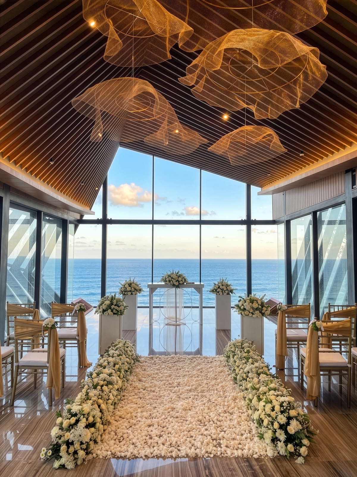 Chapel at golden hour with a cream rose aisle